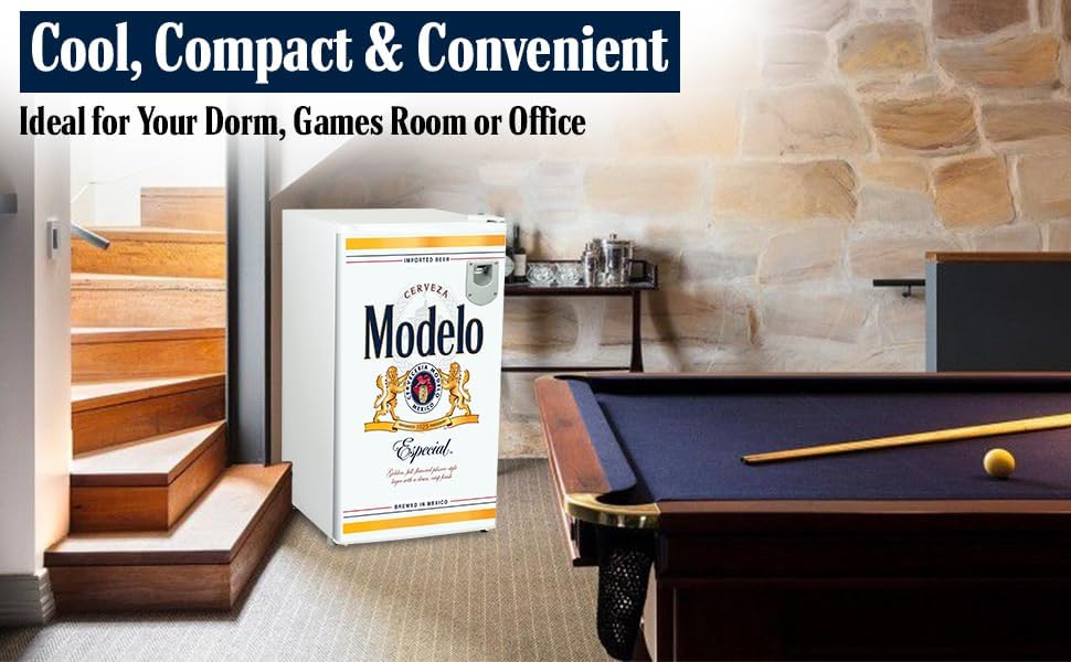 Modelo Mini Fridge — side profile in a home setting